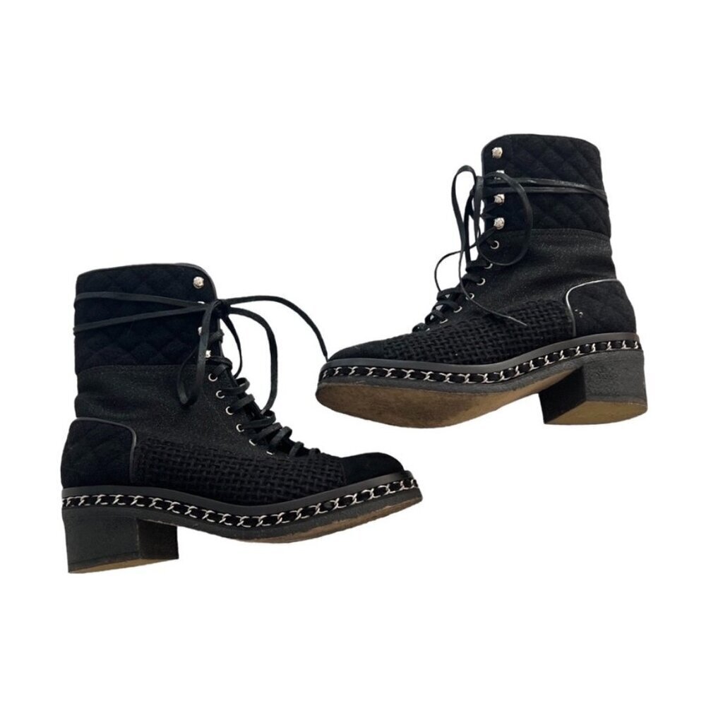 Chanel black tweed and suede combat boots size 38 - Picture 1 of 11